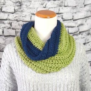 Hand Crocheted Olive and Navy Cowl Infinity Scarf